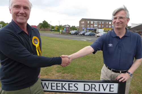 Lib Dem campaigner with Robert Plimmer in Weekes Drive