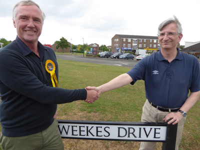 Lib Dem campaigner with Robert Plimmer in Weekes Drive