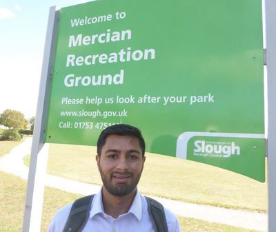 Aaron Chahal-Lib Dem candidate for Slough highlighting the Labour Council's massive hike in charges for hiring sports pitches