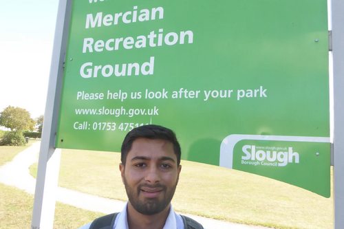 Aaron Chahal-Lib Dem candidate for Slough highlighting the Labour Council's massive hike in charges for hiring sports pitches