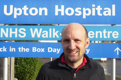 Matthew Taylor at Upton Hospital highlighting the campaign against privatisation