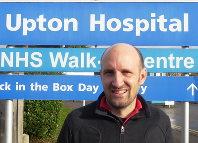 Matthew Taylor at Upton Hospital highlighting the campaign against privatisation