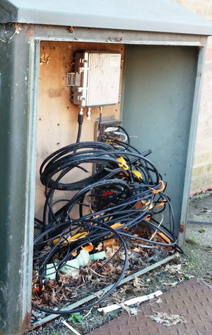 Spring 2018-One of many examples of dangerously exposed utility boxes in Cippenham Meadows