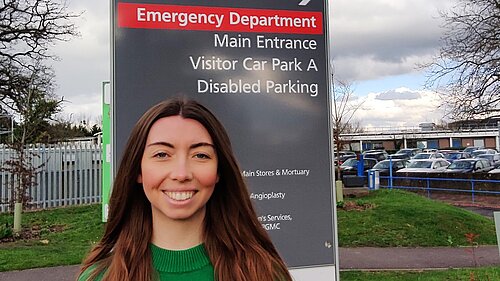 Chelsea Whyte, Slough Liberal Democrat Parliamentary Candidate, outside Wexham Park Hospital